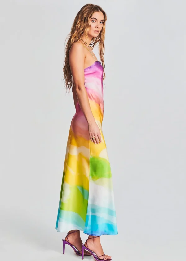 Guest Of*Retrofete Aimee Silk Long Dress Watercolor Rainbow