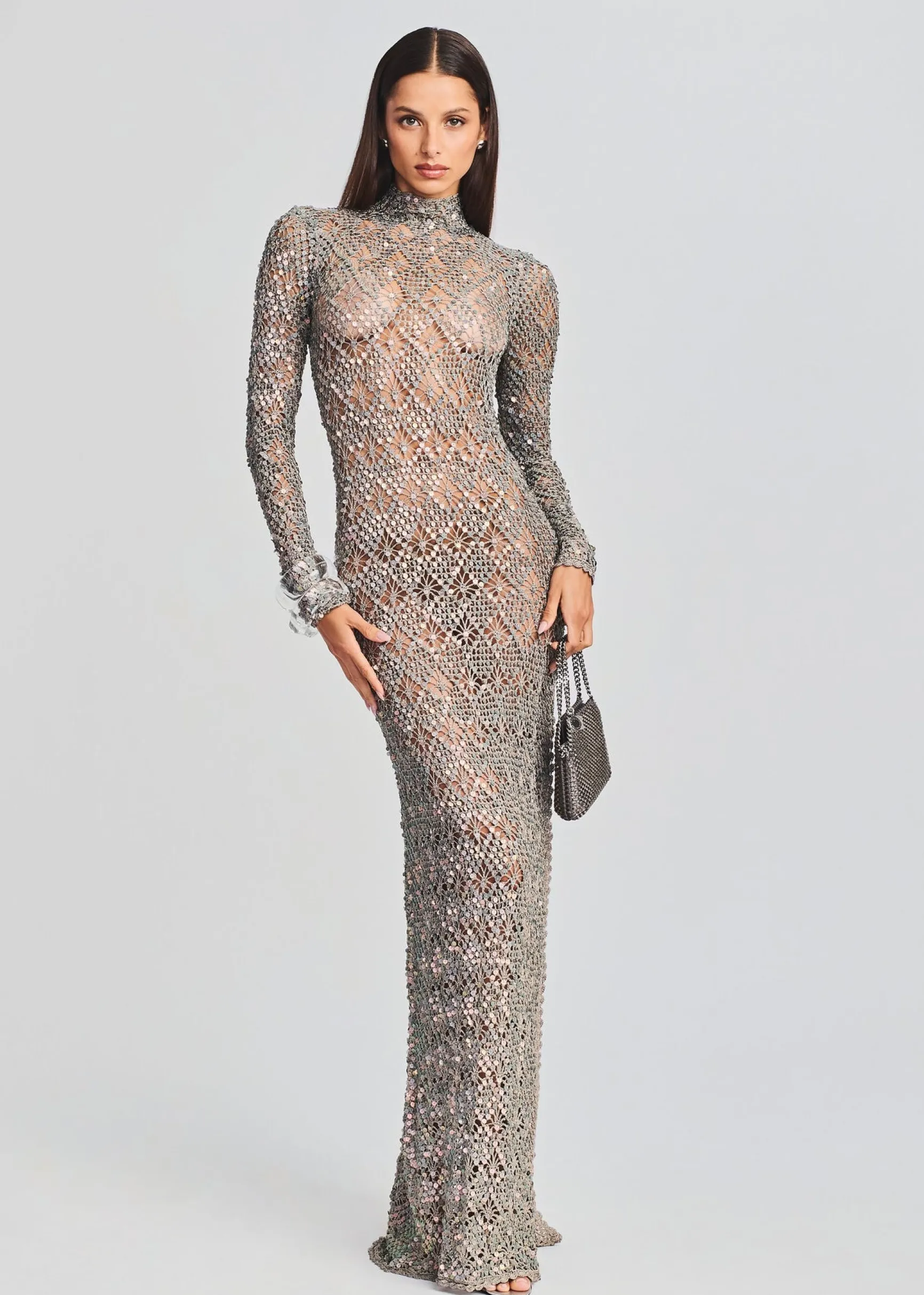 alexa_sequin_open_crochet_0-1.webp RETROFÊTE*Retrofete Alexa Sequin Open Crochet Dress Metallic Mink Grey