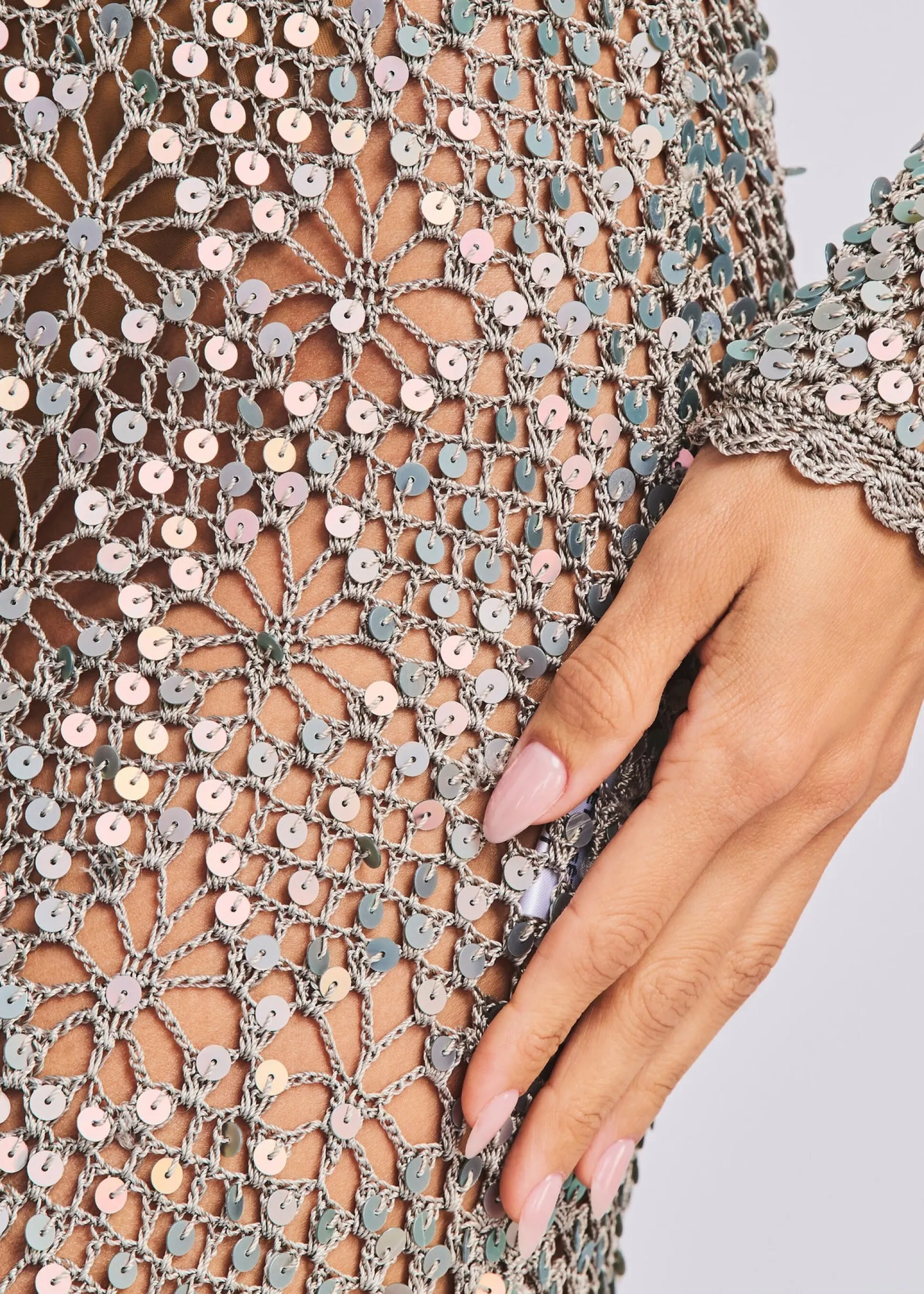 alexa_sequin_open_crochet_1-1.webp RETROFÊTE*Retrofete Alexa Sequin Open Crochet Dress Metallic Mink Grey
