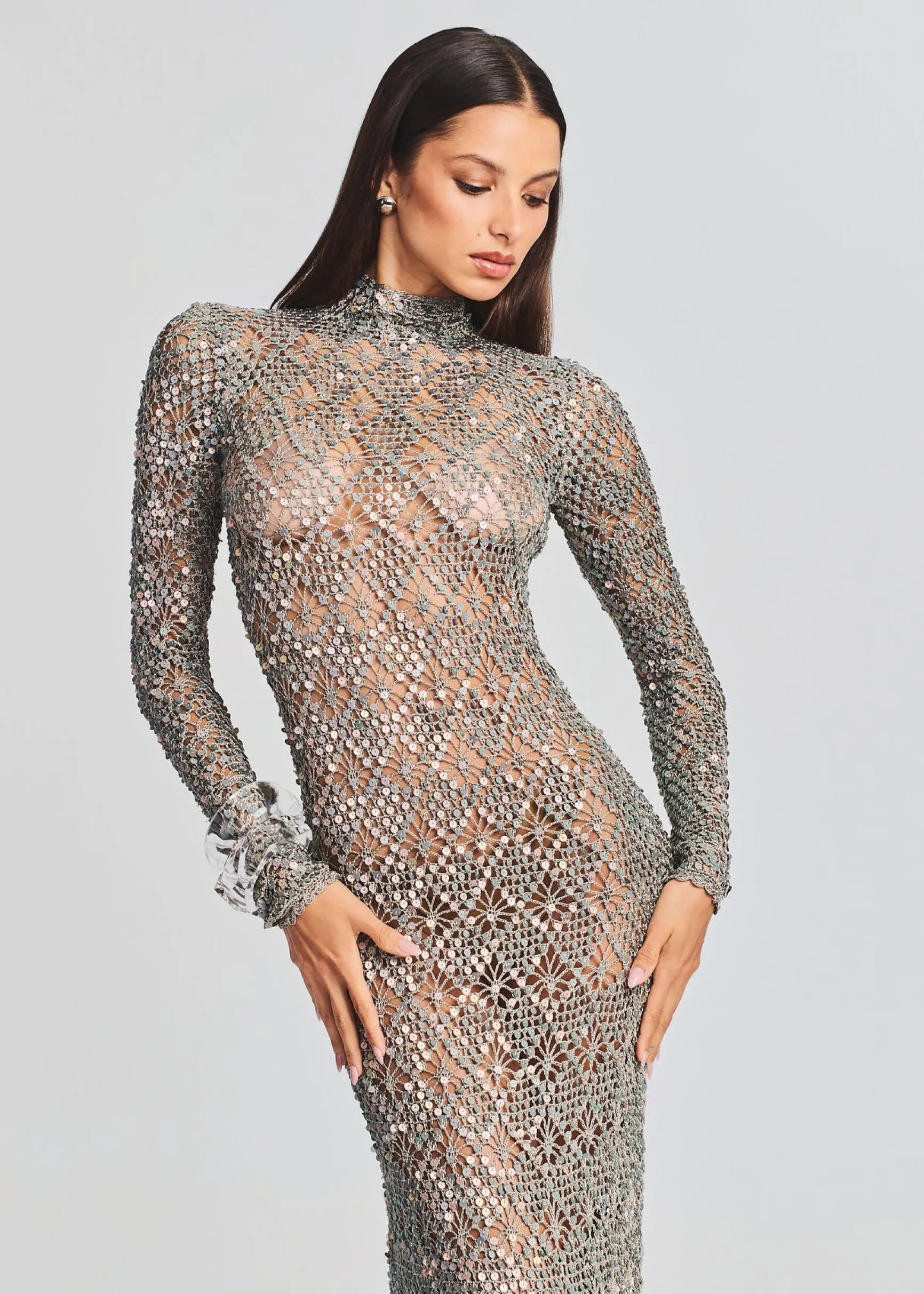 alexa_sequin_open_crochet_4.webp Subtle Shimmer*Retrofete Alexa Sequin Open Crochet Dress Metallic Mink Grey