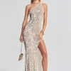 Gowns*Retrofete Askala Sequin Crochet Dress Ivory Gold Silver