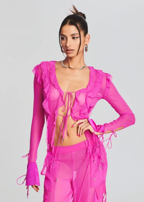 Sheer Bliss*Retrofete Aviva Silk Chiffon Blouse Neon Pink
