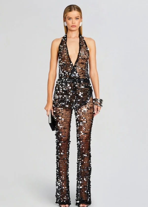 Subtle Shimmer*Retrofete Cali Sequin Crochet Jumpsuit Black