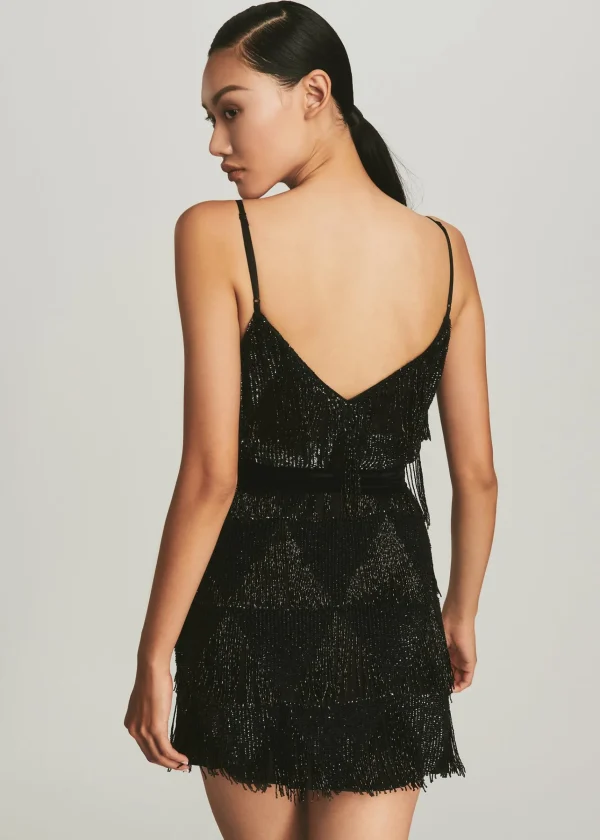 RETROFÊTE*Retrofete Claire Sequin Fringe Dress Black Fringe