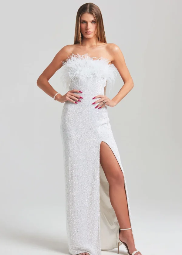 RETROFÊTE*Retrofete Dolly Sequin Feather Dress Moonglow White