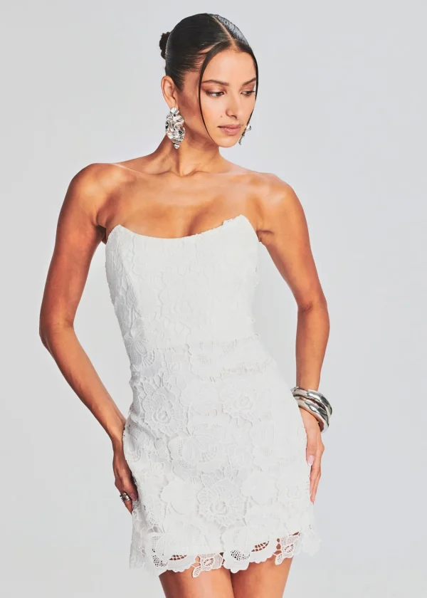 Honeymoon Looks*Retrofete Eliza Lace Strapless Mini Dress White