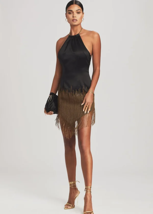RETROFÊTE*Retrofete Eos Embellished Fringe Dress Black/Gold