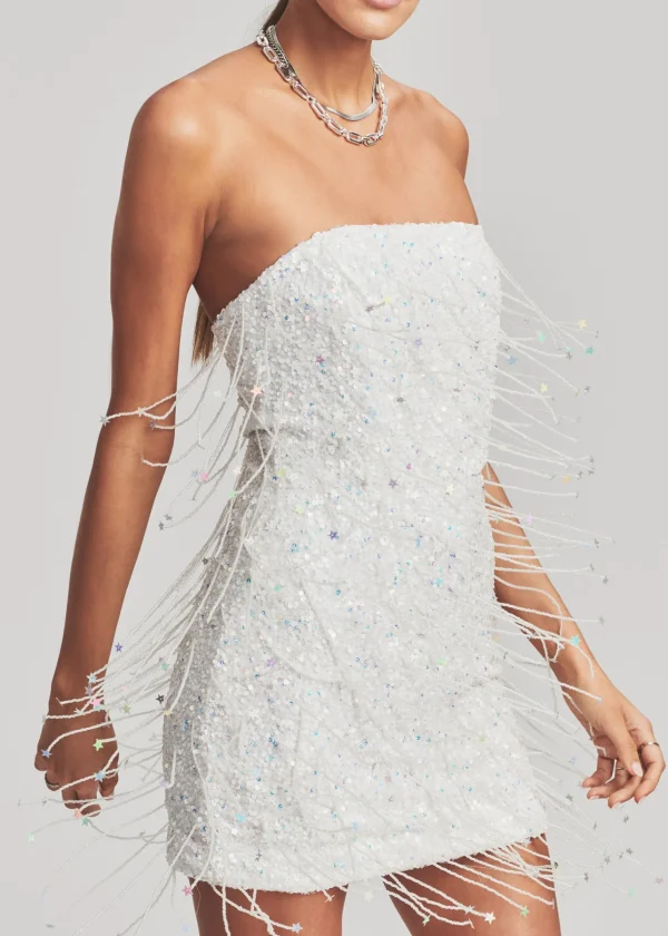 Honeymoon Looks*Retrofete Heather Sequin Star Fringe Dress White w/ Stars