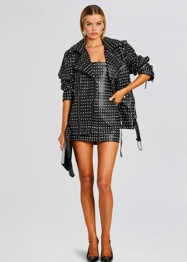 RETROFÊTE*Retrofete Icon Embellished Leather Jacket Black/Crystal