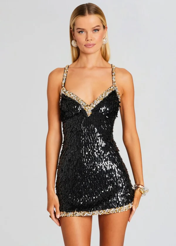 Exclusively Ours*Retrofete Ivanna Feather Sequin Dress Black/Gold