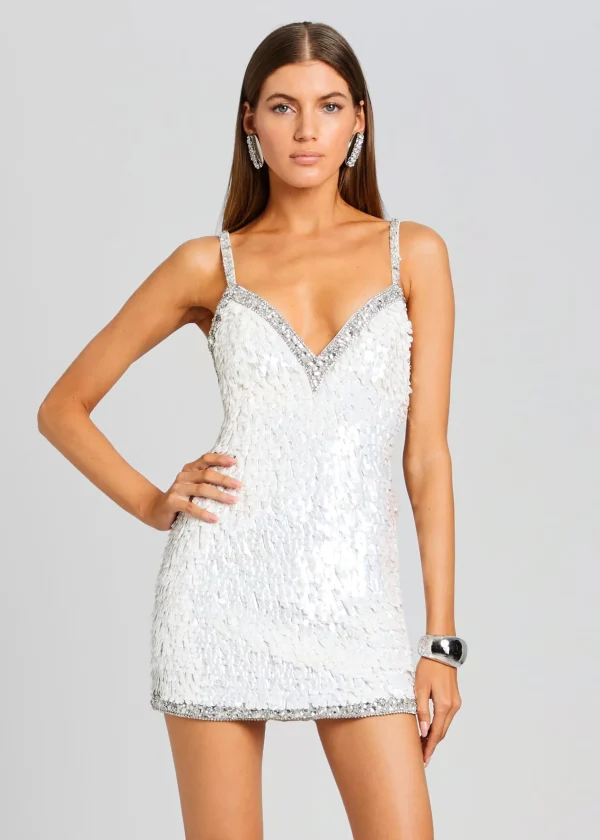 The Destination Bride*Retrofete Ivanna Feather Sequin Dress White/Silver