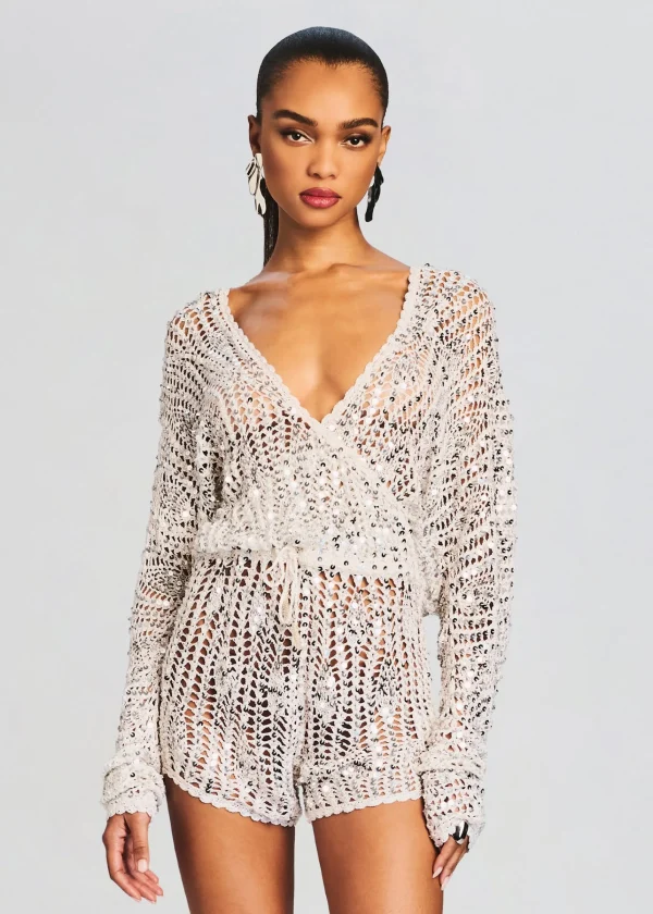 RETROFÊTE*Retrofete Meadow Sequin Crochet Romper White/Silver