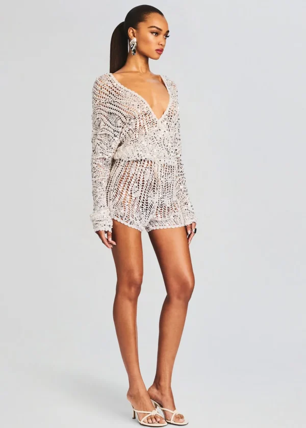 Sequin Styles*Retrofete Meadow Sequin Crochet Romper White/Silver