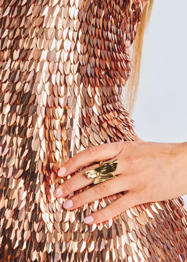 Guest Of*Retrofete Nara Feather Sequin Dress Bronze/Gold