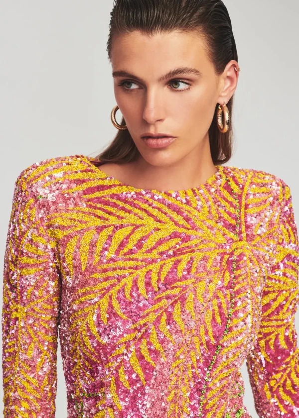 RETROFÊTE*Retrofete Nikki Sequin Palm Dress Tropical Palm