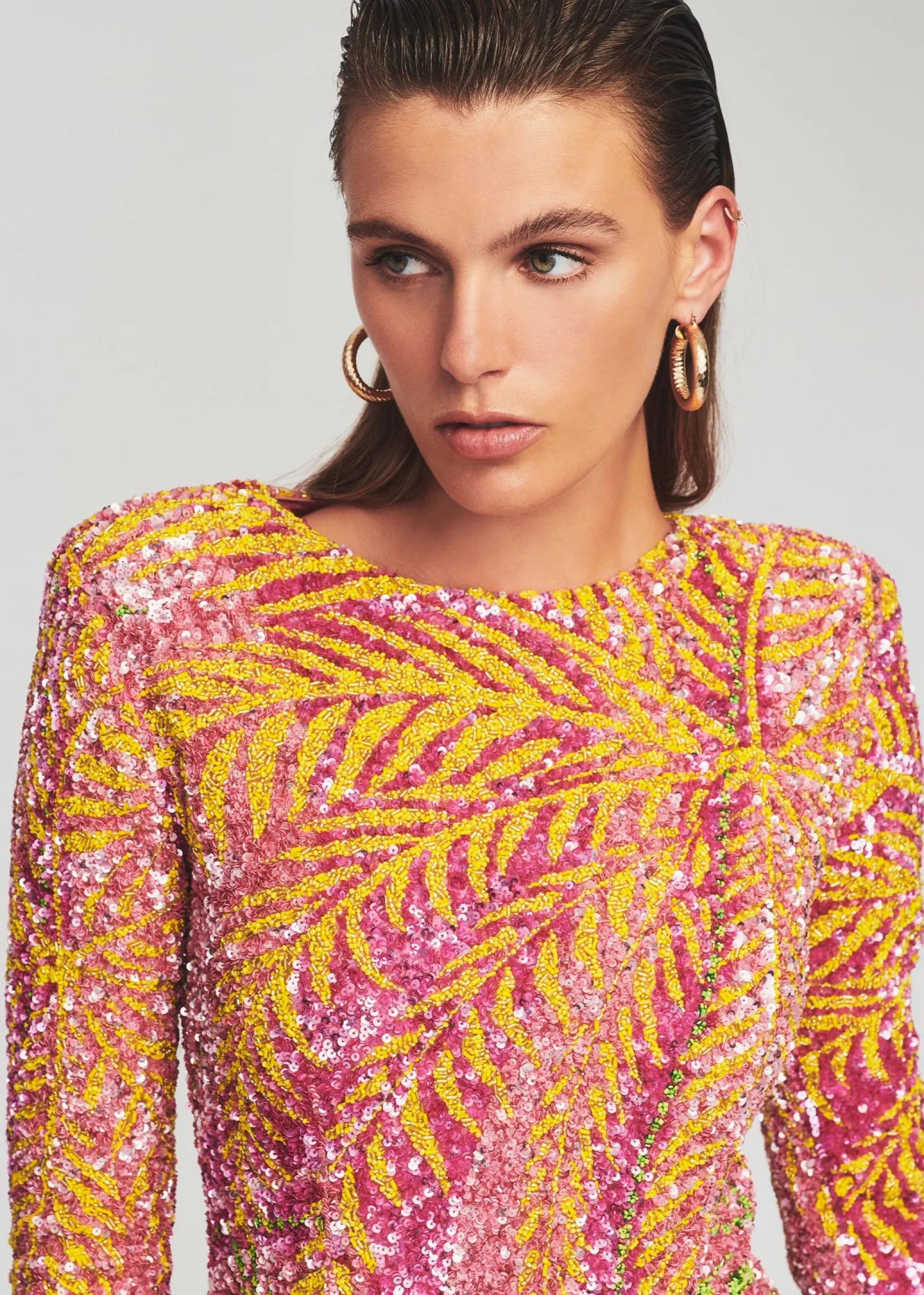 nikki_sequin_palm_dress_1.webp Final Sale*Retrofete Nikki Sequin Palm Dress Tropical Palm