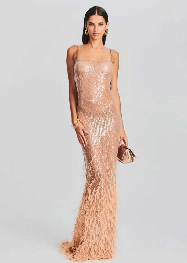 Sheer Bliss*Retrofete Odessa Sequin Feather Dress Tannin