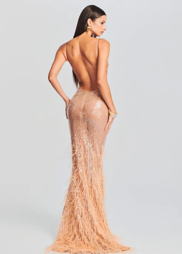 Maxi*Retrofete Odessa Sequin Feather Dress Tannin