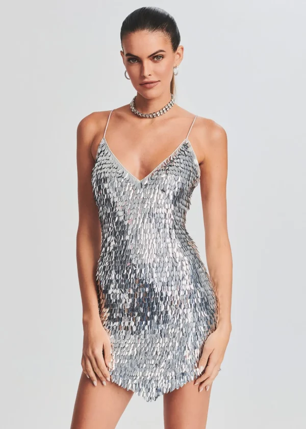 RETROFÊTE*Retrofete Sirena Feather Sequin Dress Silver Feather Sequin