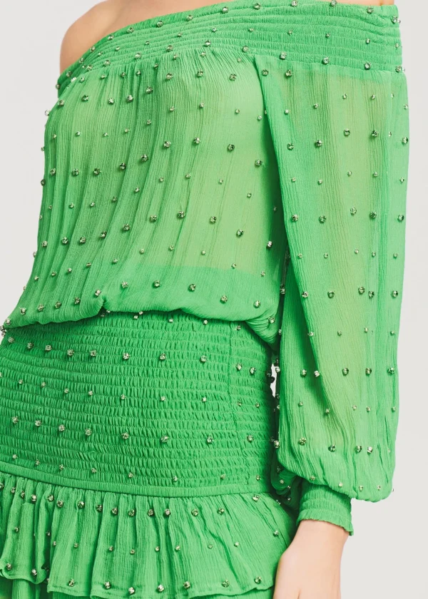 RETROFÊTE*Retrofete Taisha Embellished Silk Chiffon Dress Kelly Green