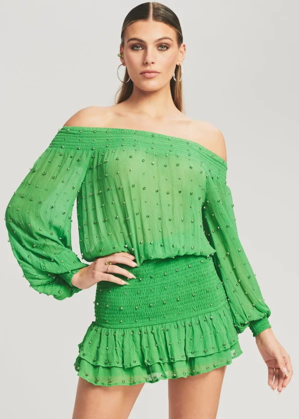 RETROFÊTE*Retrofete Taisha Embellished Silk Chiffon Dress Kelly Green