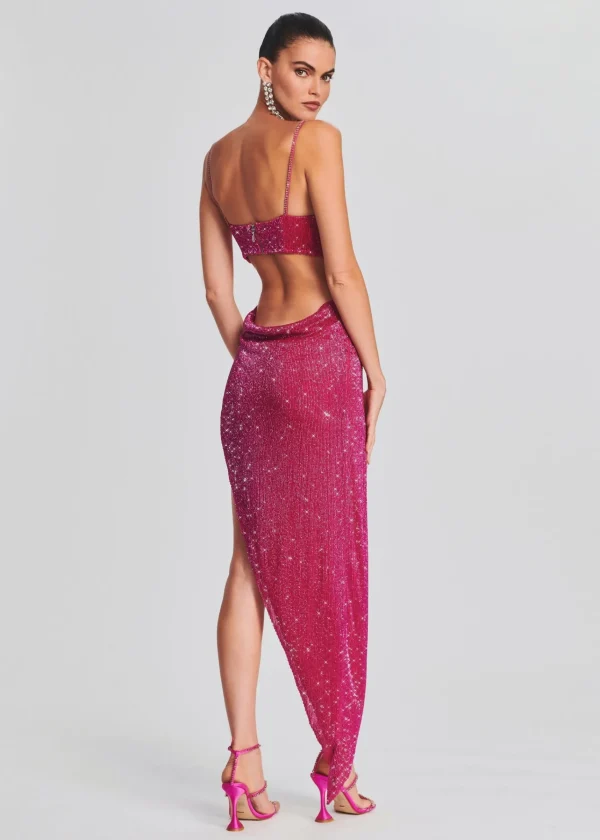 Guest Of*Retrofete Topaz Glass Beaded Dress Fuchsia