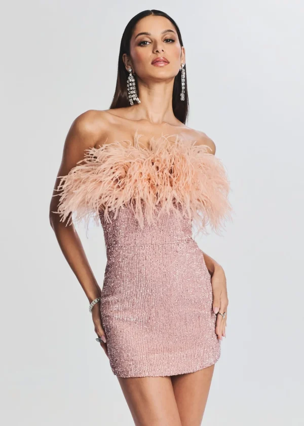 Guest Of*Retrofete Torin Sequin Feather Dress Dusty Peach