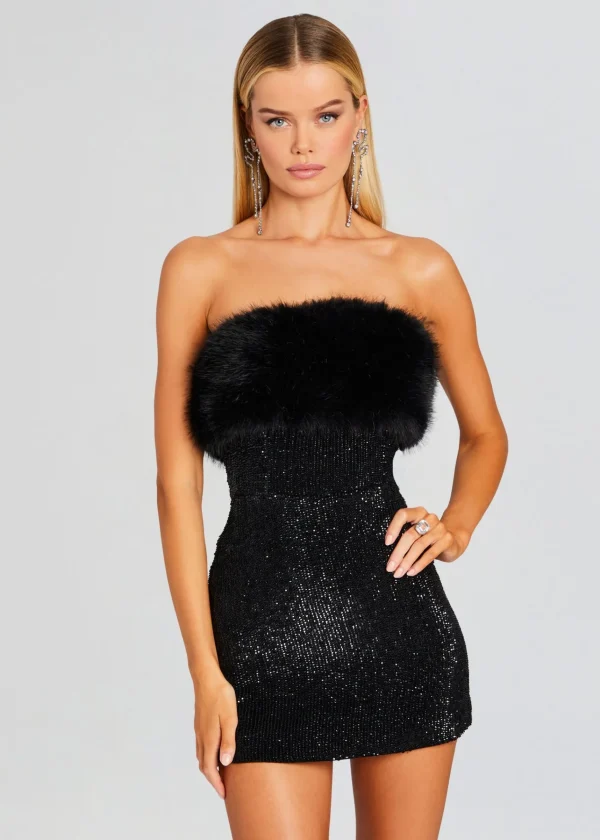 Night Out*Retrofete Torin Sequin Fur Dress Black Fur