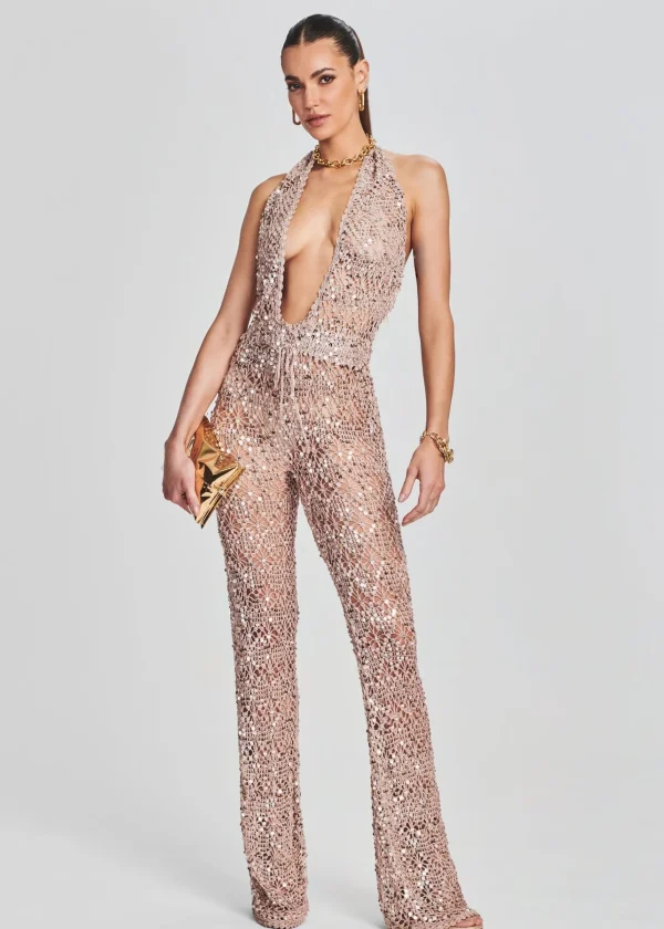 Sheer Bliss*Retrofete Tosca Sequin Crochet Jumpsuit Rose Gold