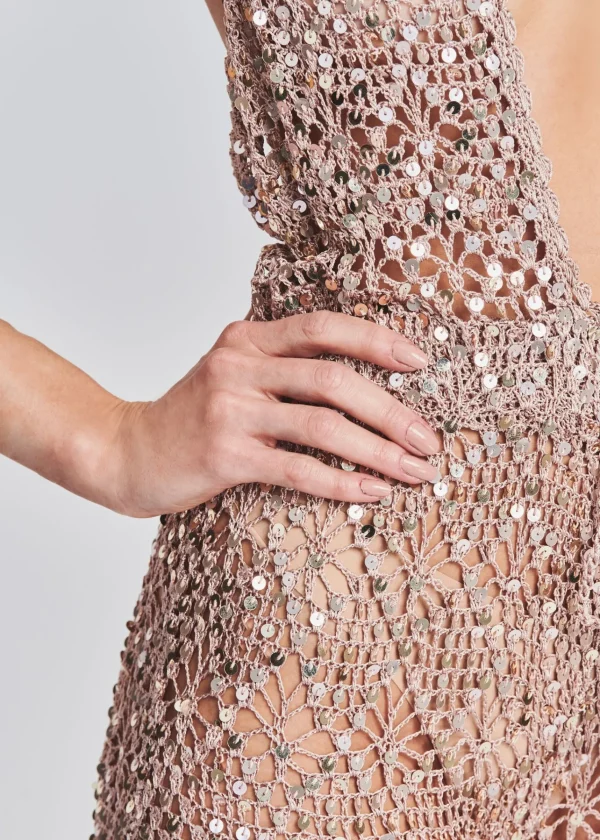 Sheer Bliss*Retrofete Tosca Sequin Crochet Jumpsuit Rose Gold