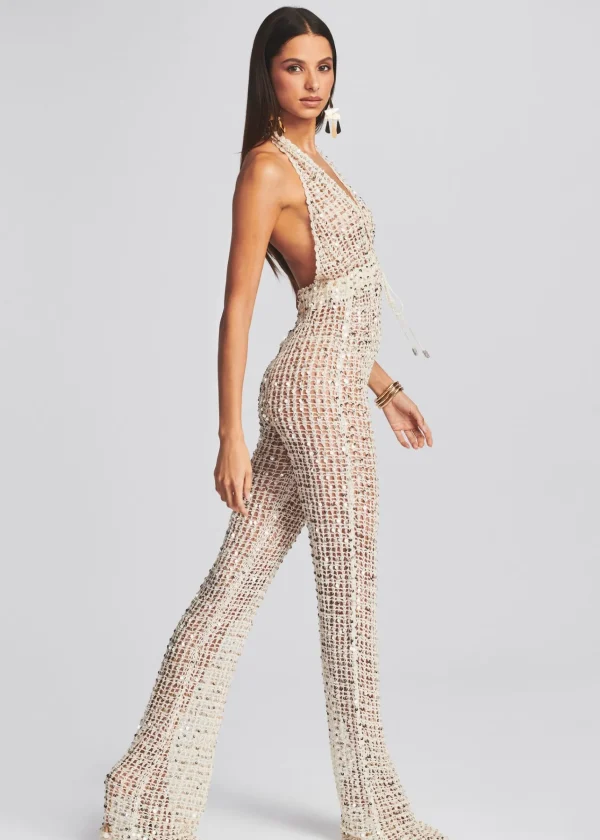 Bachelorette Party*Retrofete Tosca Sequin Crochet Jumpsuit Ivory Gold