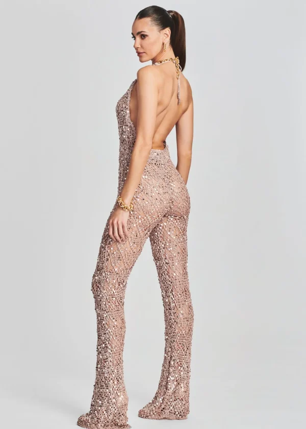 Honeymoon Looks*Retrofete Tosca Sequin Crochet Jumpsuit Rose Gold