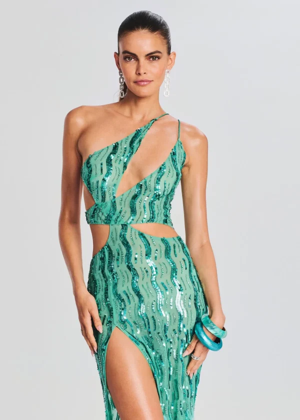 Guest Of*Retrofete Vice Sequin Feather Dress Sea Foam