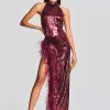 Guest Of*Retrofete Vixen Sequin Feather Dress Cabernet