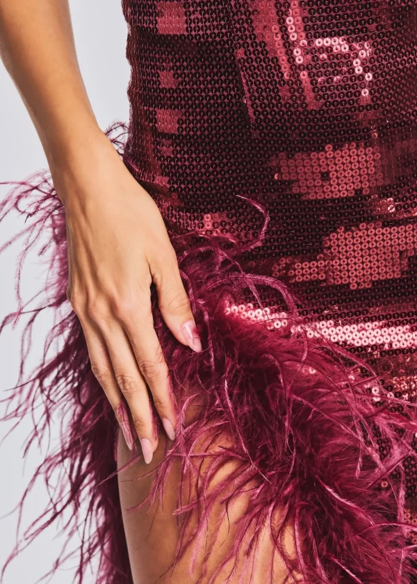 RETROFÊTE*Retrofete Vixen Sequin Feather Dress Cabernet