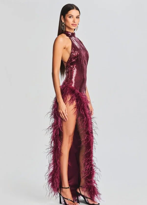 Guest Of*Retrofete Vixen Sequin Feather Dress Cabernet